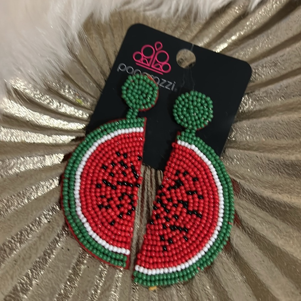 NEW! Cute Beaded Watermelon Slice Dangle Earrings - Picture 3 of 5